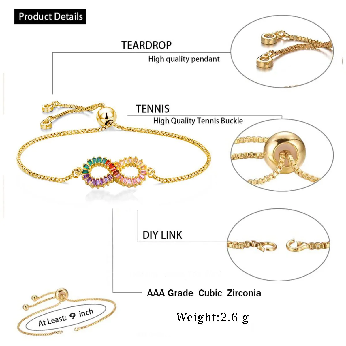 Infinity Love Colorful Rainbow Cubic Zircon American Diamond Bracelet