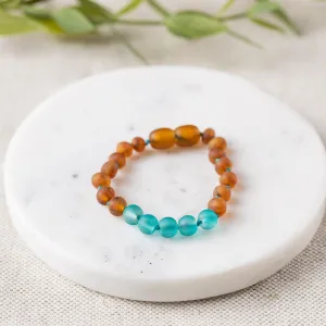 Kids | Aqua Sea Glass   Raw Cognac Amber Bracelet