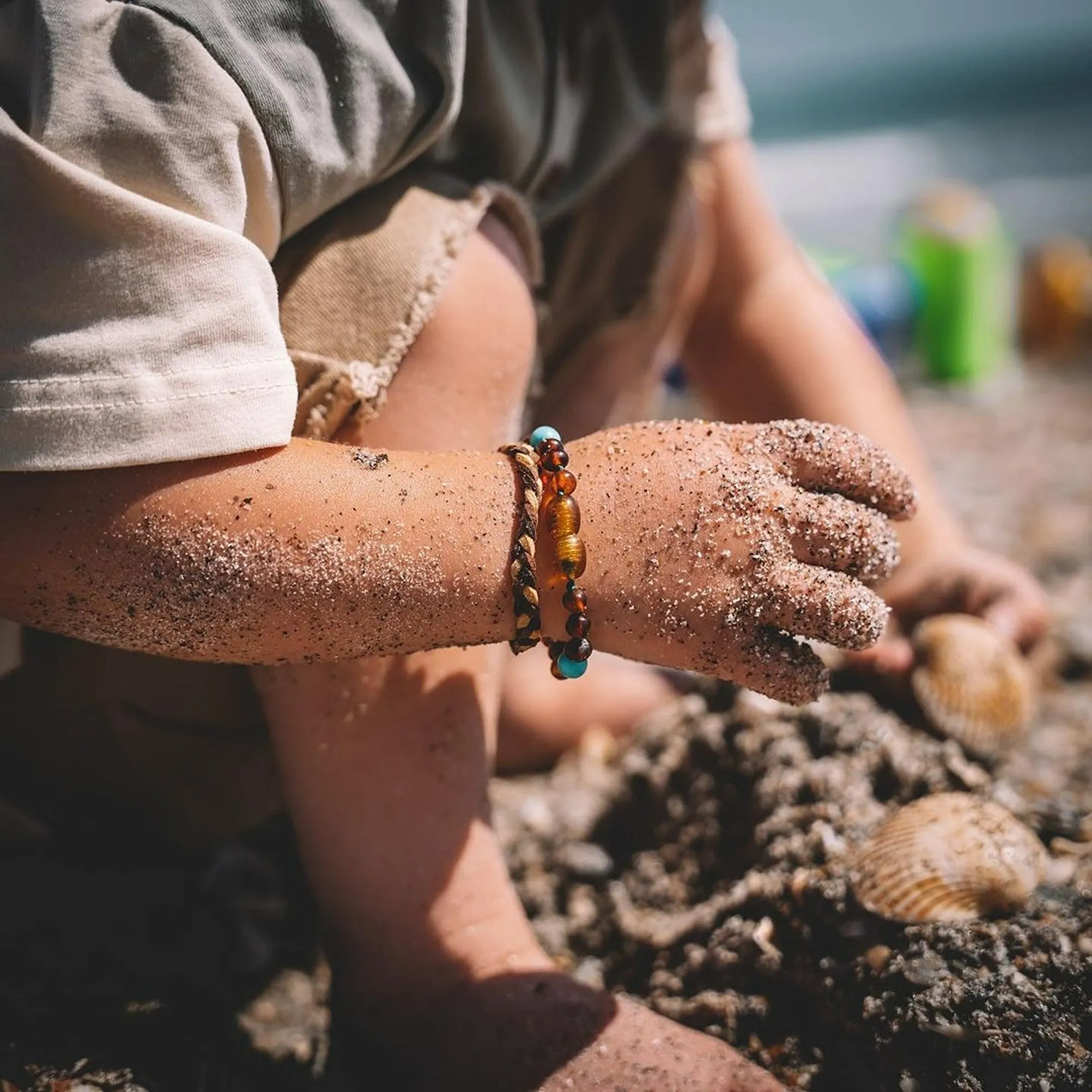 Kids | Aqua Sea Glass   Raw Cognac Amber Bracelet