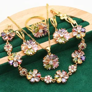 Luxury Flower Zircon Jewelry Set For Women Gold Wedding Jewelry Set