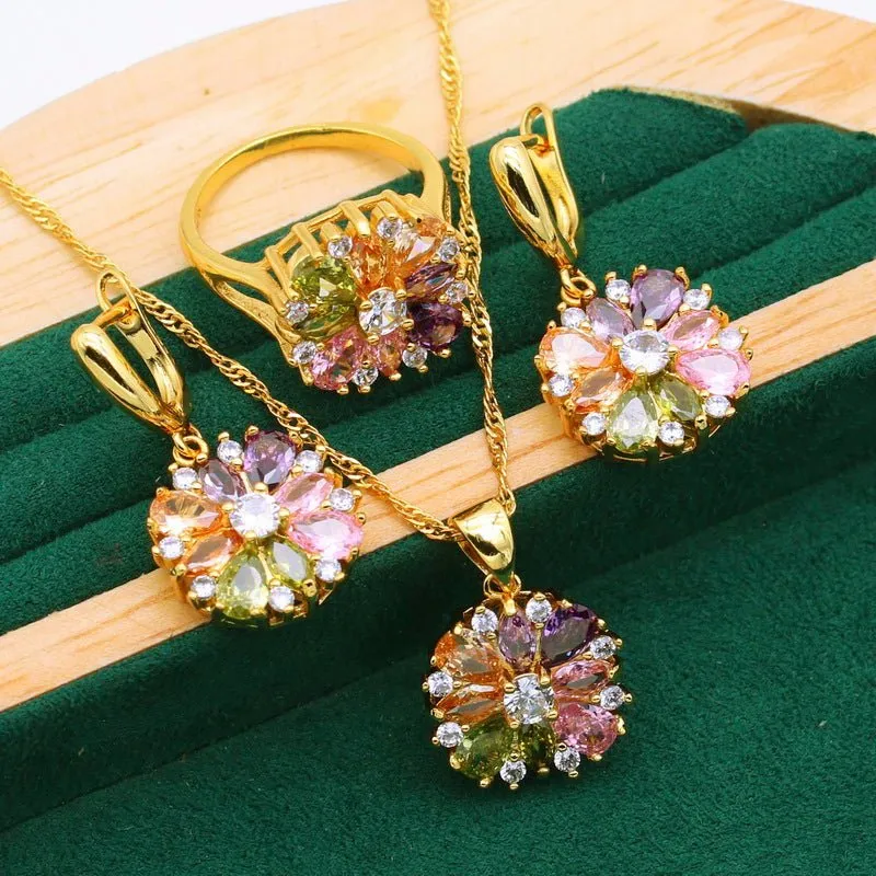 Luxury Flower Zircon Jewelry Set For Women Gold Wedding Jewelry Set