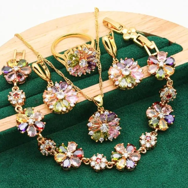 Luxury Flower Zircon Jewelry Set For Women Gold Wedding Jewelry Set