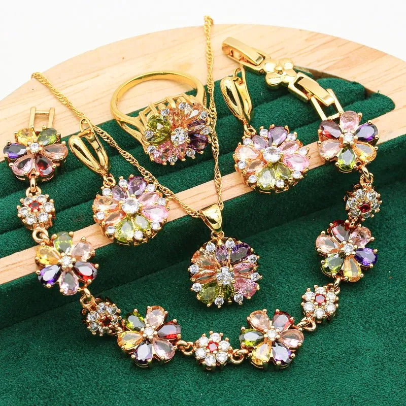 Luxury Flower Zircon Jewelry Set For Women Gold Wedding Jewelry Set