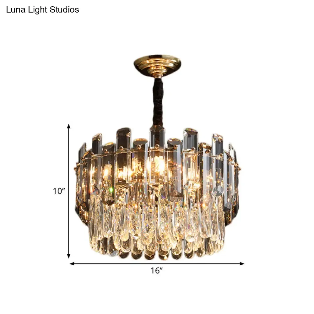Modern Crystal Prismatic Drum Suspension Lamp with 6 Bulbs - Clear Dinning Hall Chandelier