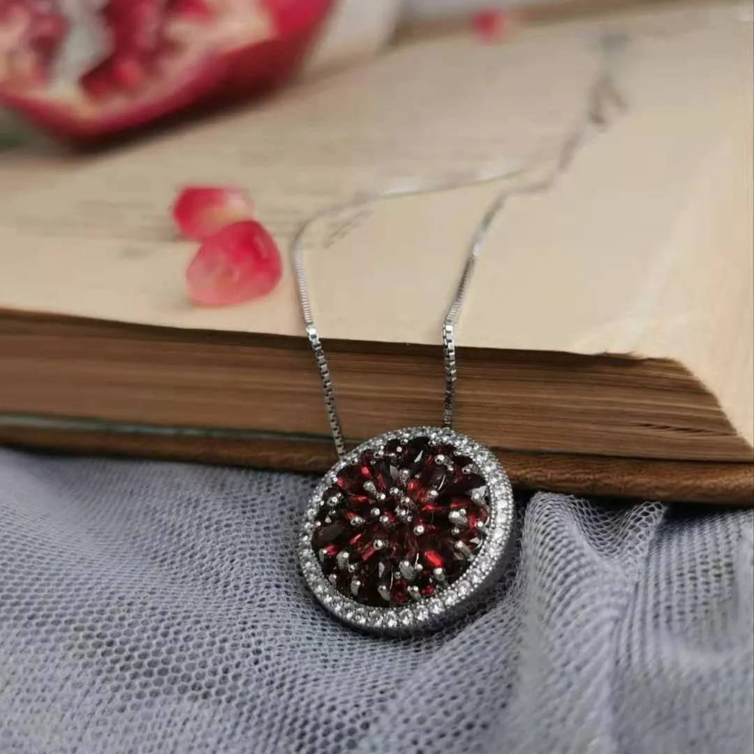 Natural Red Garnet Gemstone Round Pendant Necklace