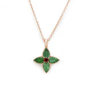 NG4797-1 Rose Gold Clover Pendant Necklace with Emerald and Garnet