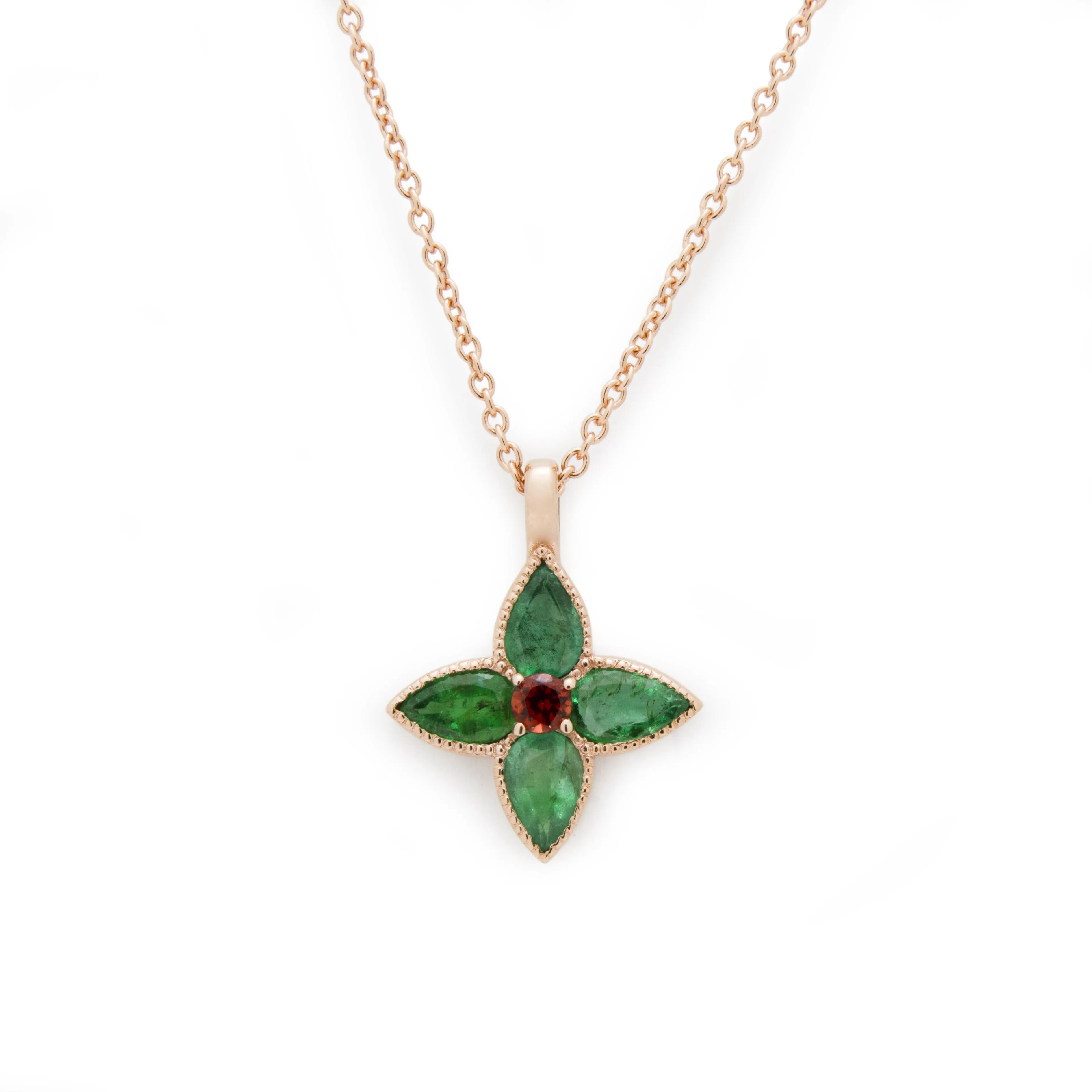 NG4797-1 Rose Gold Clover Pendant Necklace with Emerald and Garnet