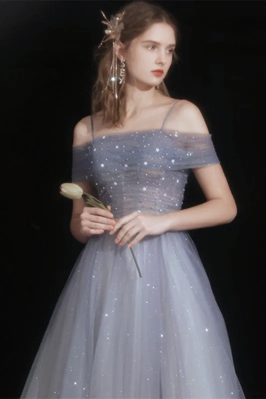 Off the Shoulder Blue Stunning Long Prom Dress