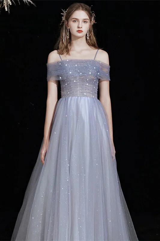 Off the Shoulder Blue Stunning Long Prom Dress