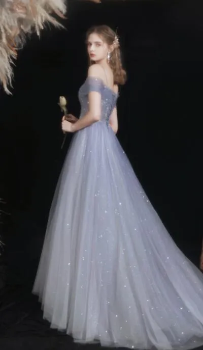 Off the Shoulder Blue Stunning Long Prom Dress