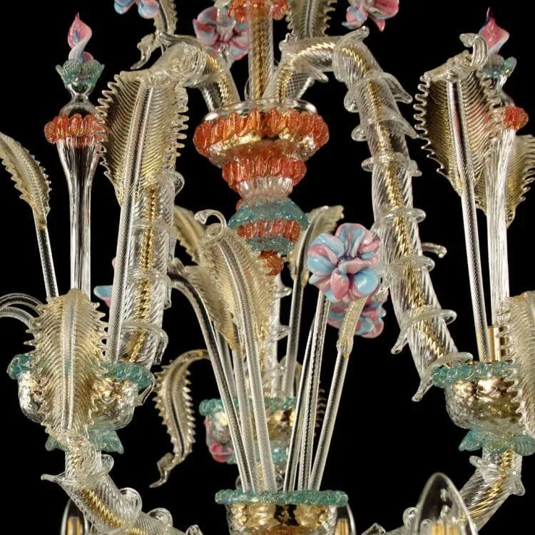 Rezzonico 9 Light Murano Glass Chandelier with Gold and Floral Details