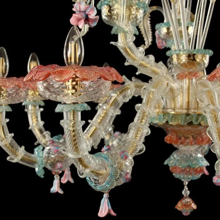 Rezzonico 9 Light Murano Glass Chandelier with Gold and Floral Details