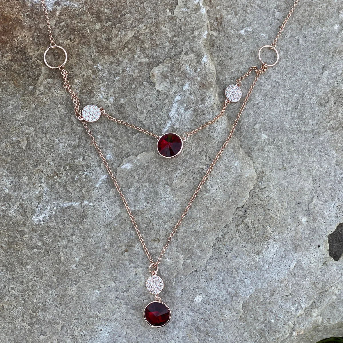 Ruby Rose Gold Diamante Garnet Double Necklace