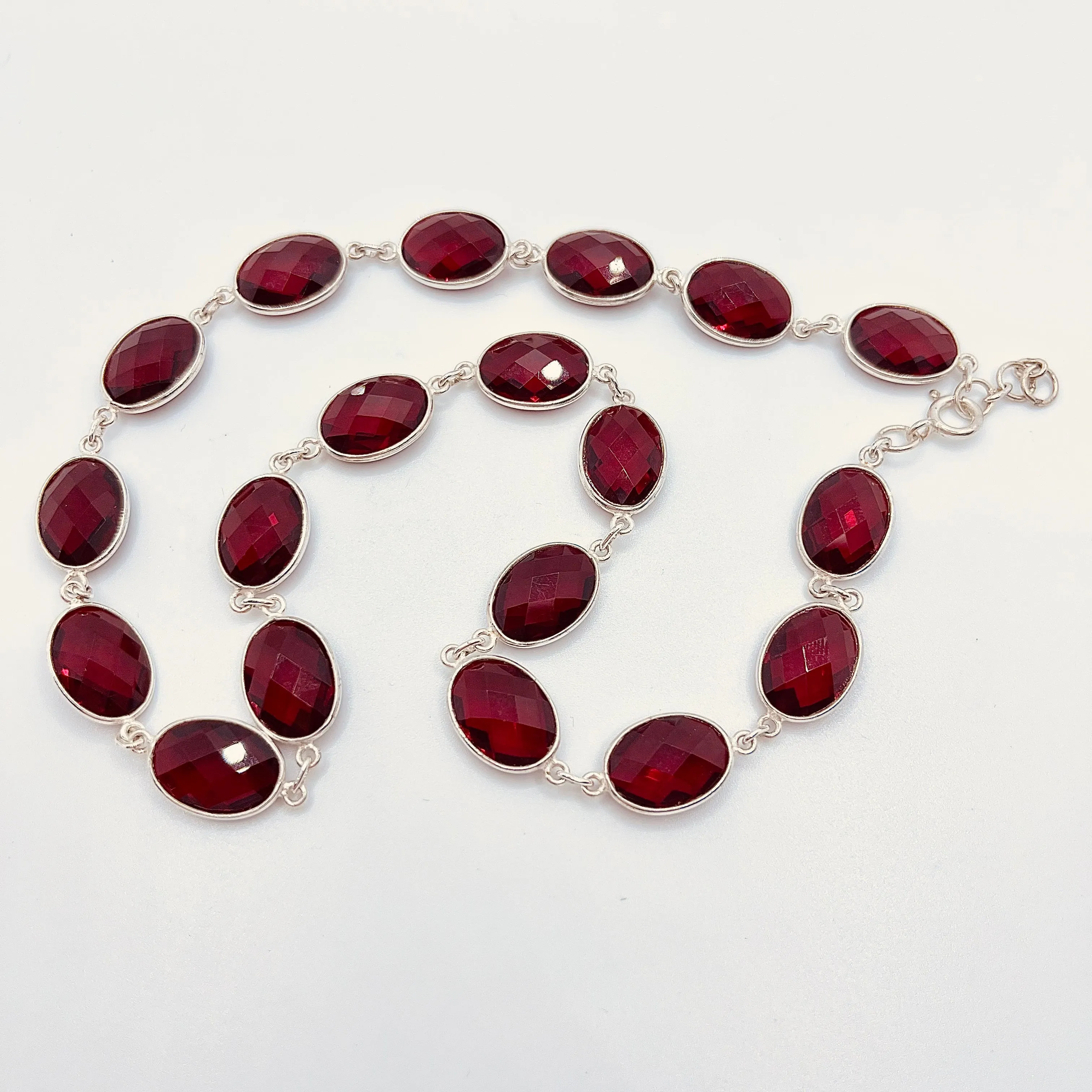 Sterling Silver Garnet Quartz Station Necklace