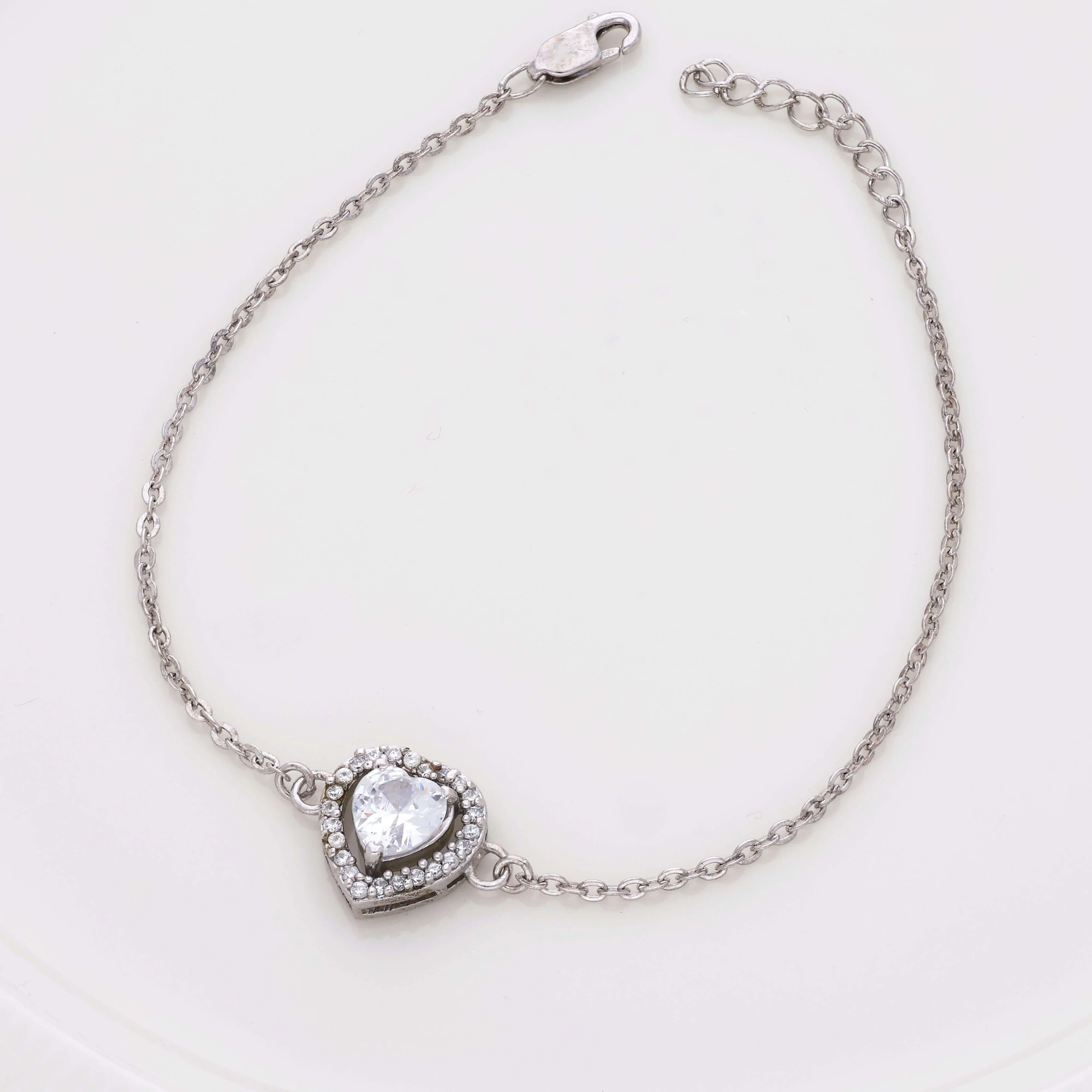 Zircon Studded Heart Silver Bracelet