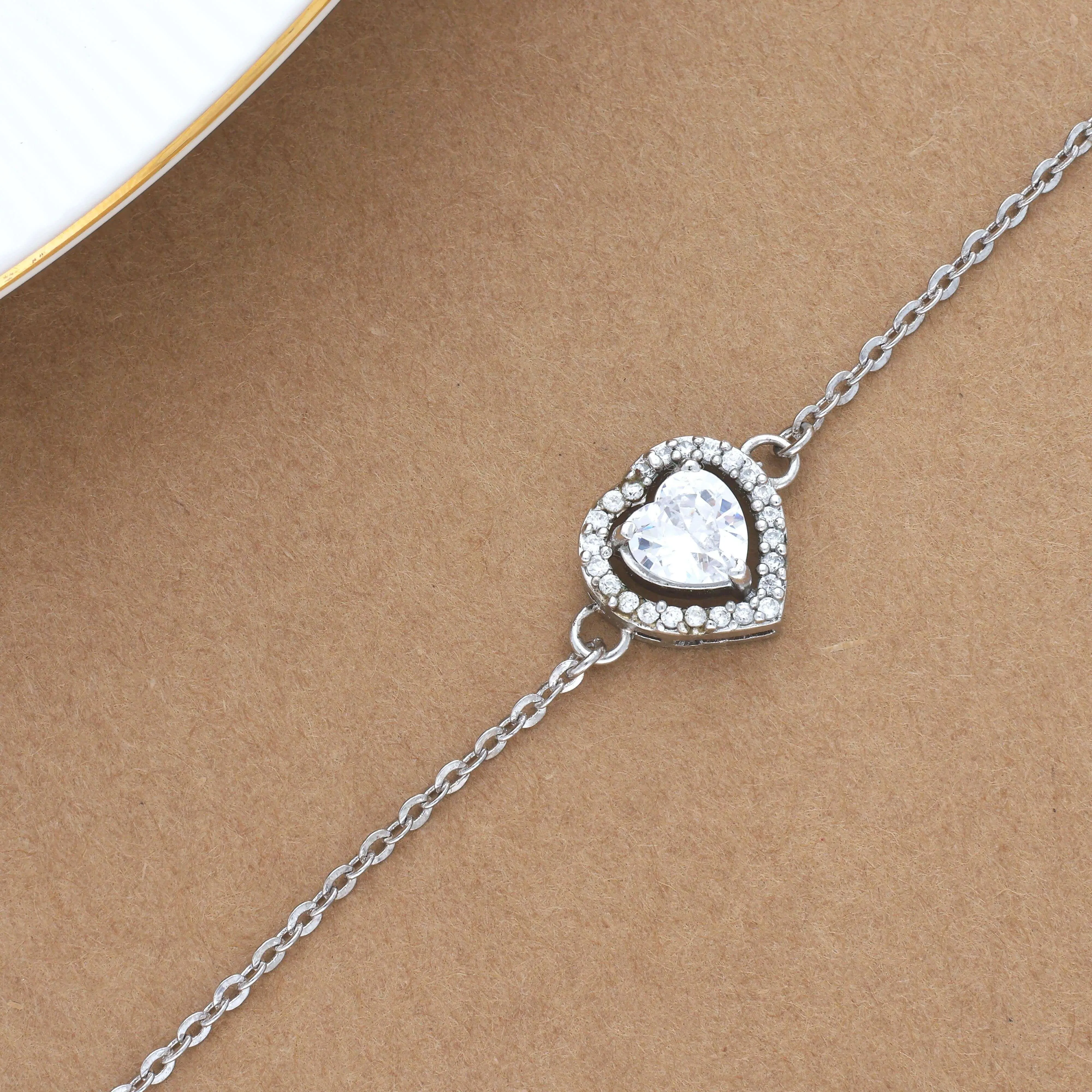 Zircon Studded Heart Silver Bracelet